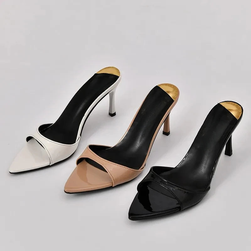 Pointed Stiletto Heels Women Pumps Patent Leather 2025 Summer Designer Mule Sandals Elegant Sexy Office High Heels Women Shoes