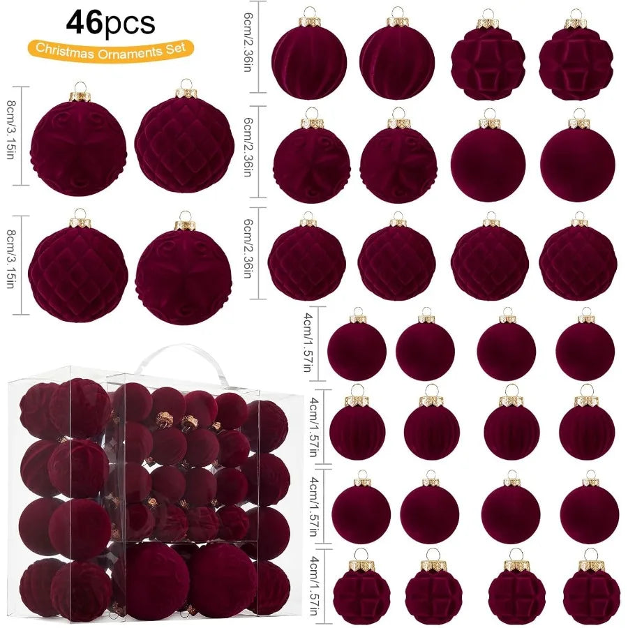 Velvet Christmas Ball Ornaments 46pcs Flocked Christmas Tree Decorations Set Assorted Shatterproof Hanging Ornaments with Loop