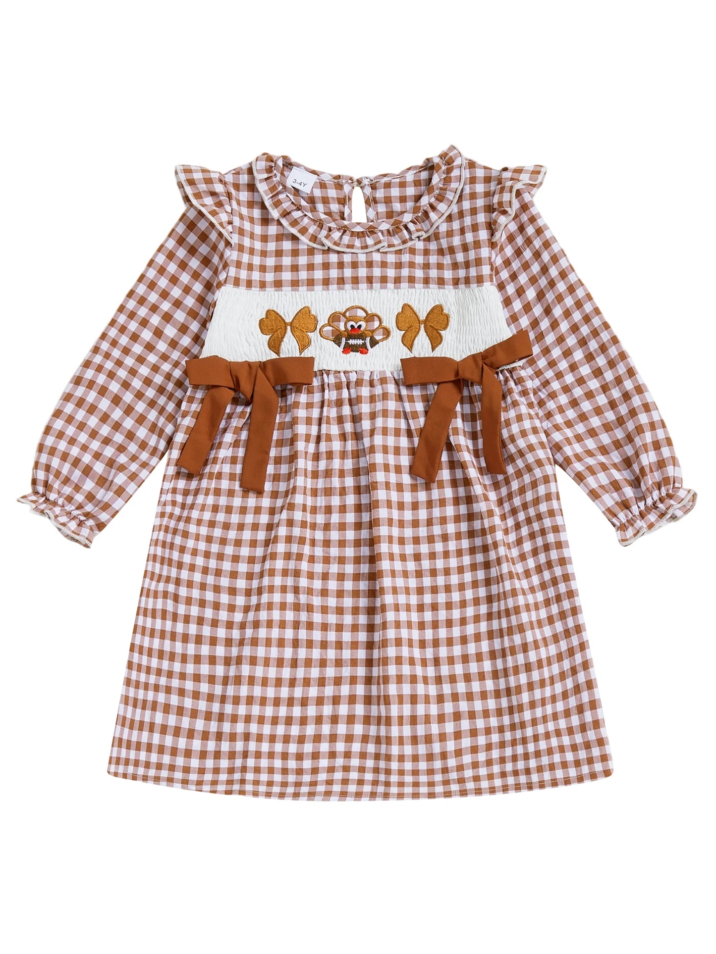 Girls Long Sleeve Crew Neck Plaid Embroidery Turkey Fall Dress for Thanksgiving Outfit