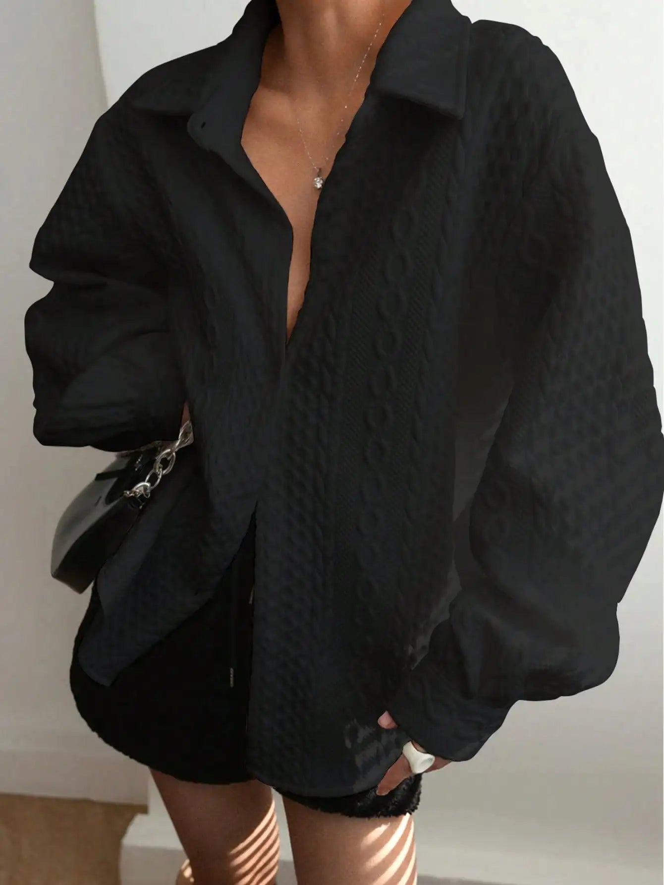 Fisoew Womens Oversized Button Down Shirts Textured Collared Long Sleeve Shacket Casual Fall Blouses Tops