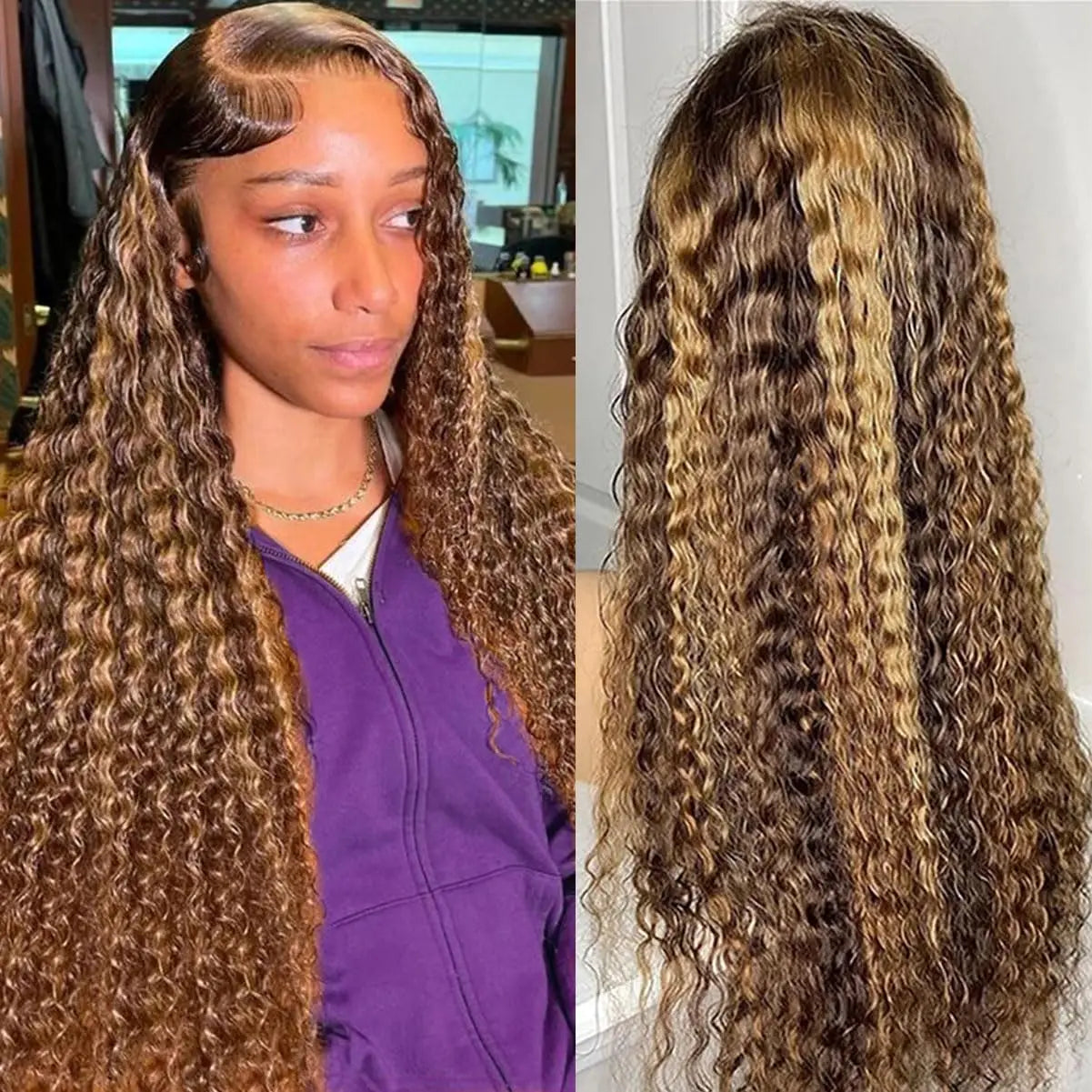 Highlight Ombre Lace Frontal Wig Human Hair 180% Density Deep Wave Human Hair Wigs For Women P4/27 Curly HD Transparent Lace Wig