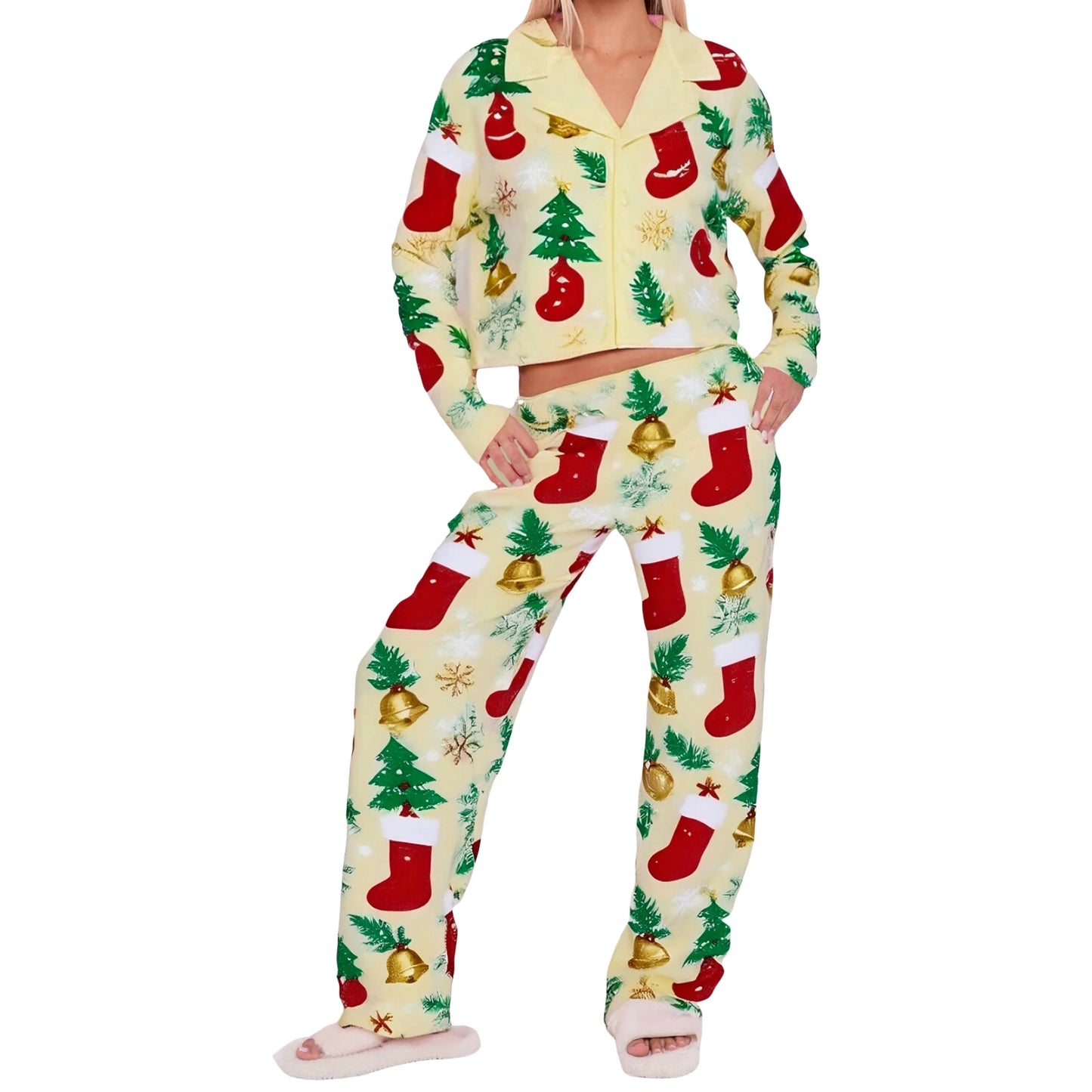 XBTCLXEBCOCN Women Festive Christmas Tree Print Pajama Set With Cozy Long Sleeve Button Up Top And Elastic Waist Pants