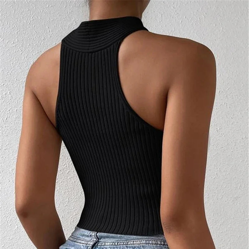 Women 2025 Summer Knit Cross Neck Crop Tops Sexy Slim Solid Backless Sleeveless Tank Tops Elastic Rib Design Underwear Camisoles