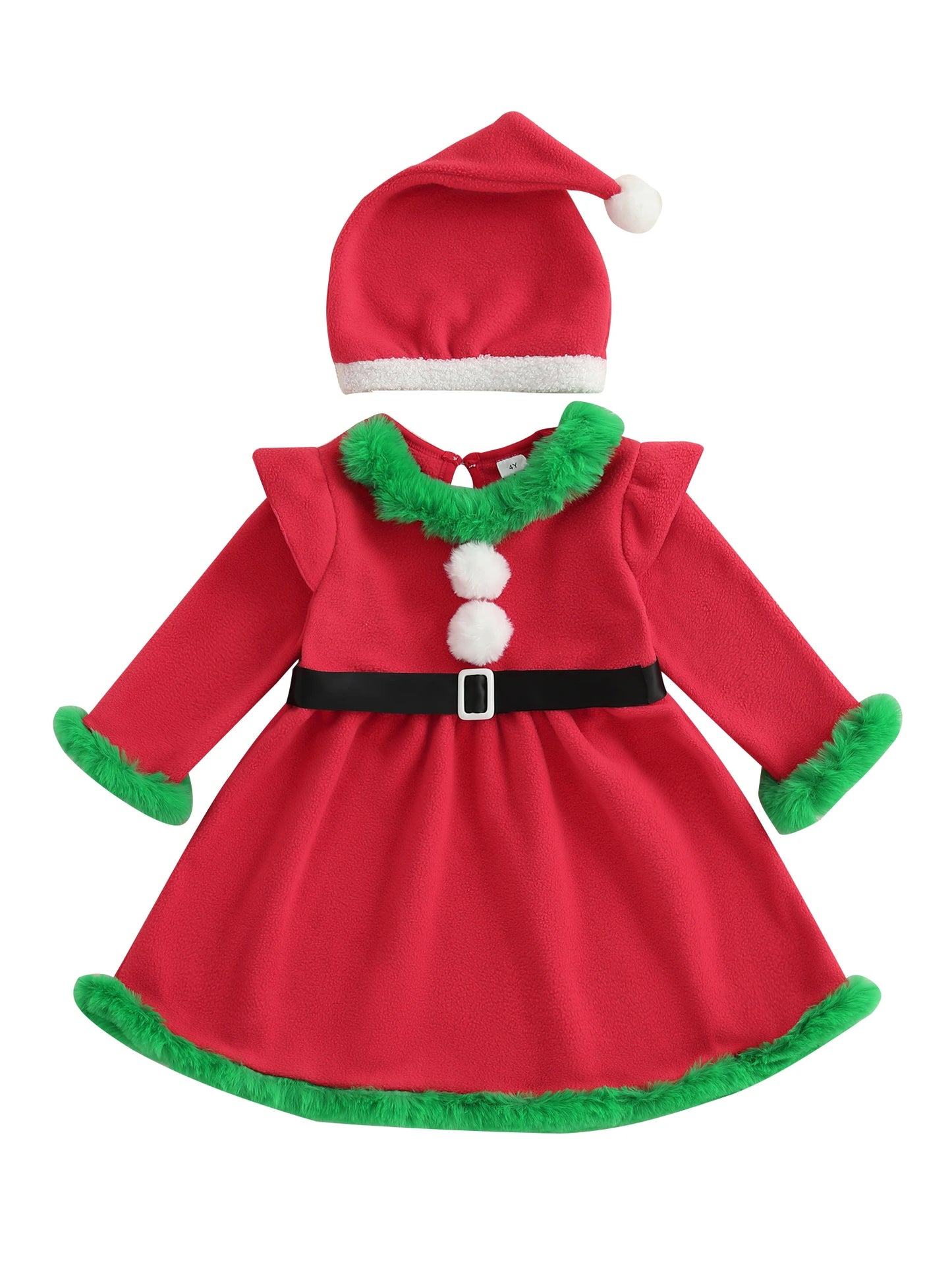 Christmas Girls A-line Dress with Flutter Sleeves Round Neck Belted Waist and Santa Hat - Festive Princess Dress for the