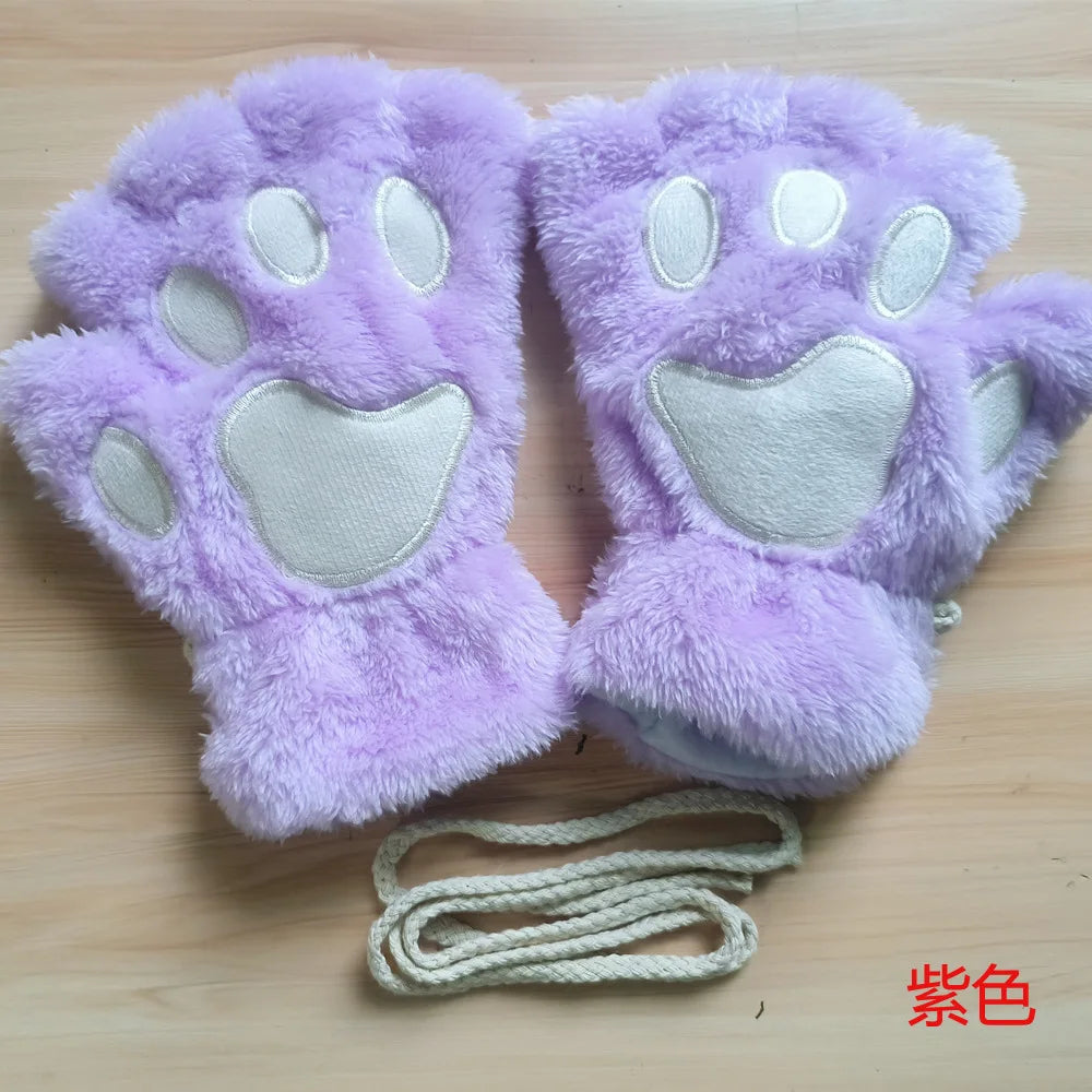 Lovely Plush Cat Claw Paw Gloves Plush Mittens Warm Soft Plush Short Fingerless Fluffy Bear Gloves Costume Half Finger Gloves