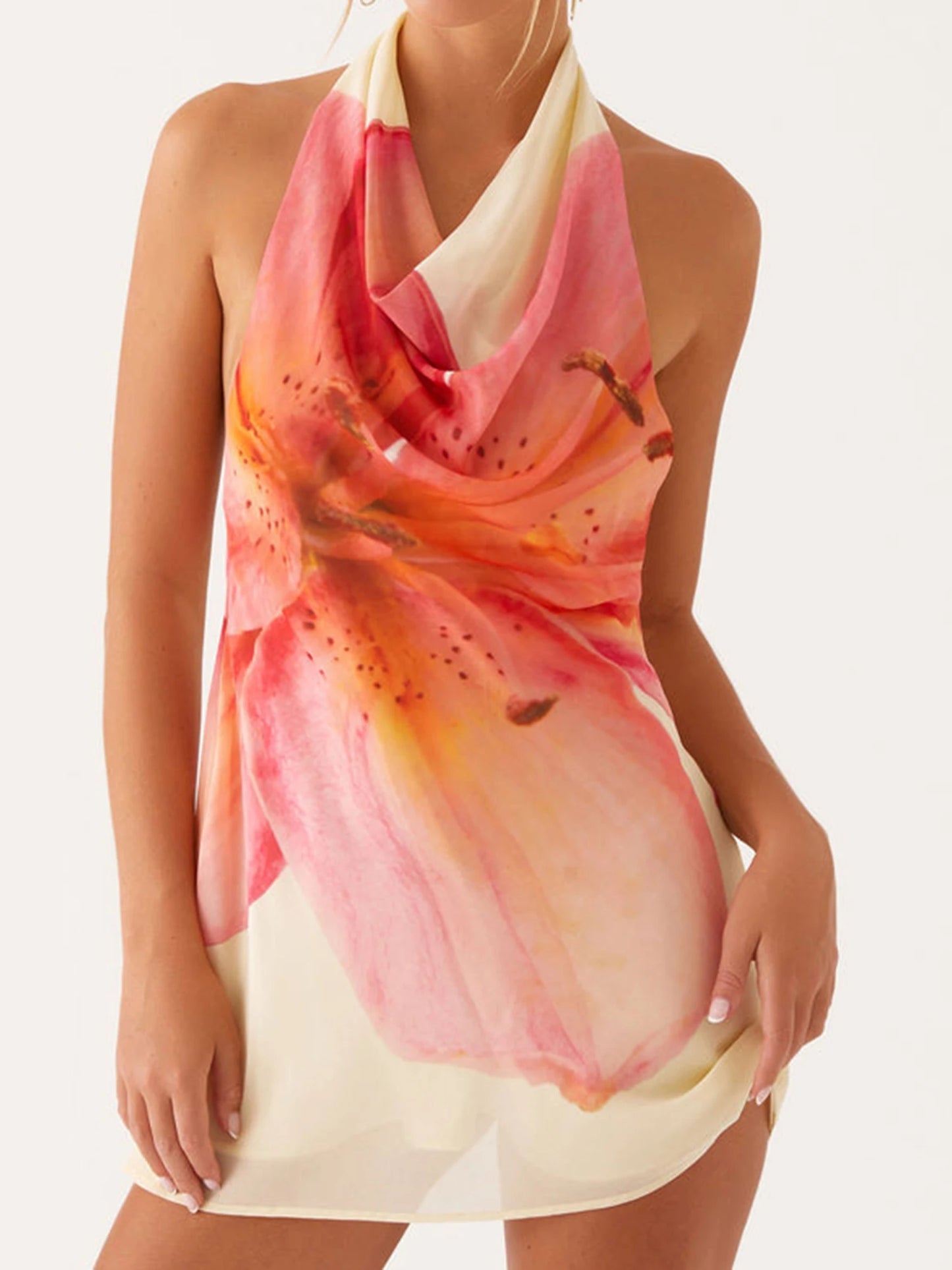 Hirigin Elegant Floral Sleeveless Halter Neck Mini Dress For Women