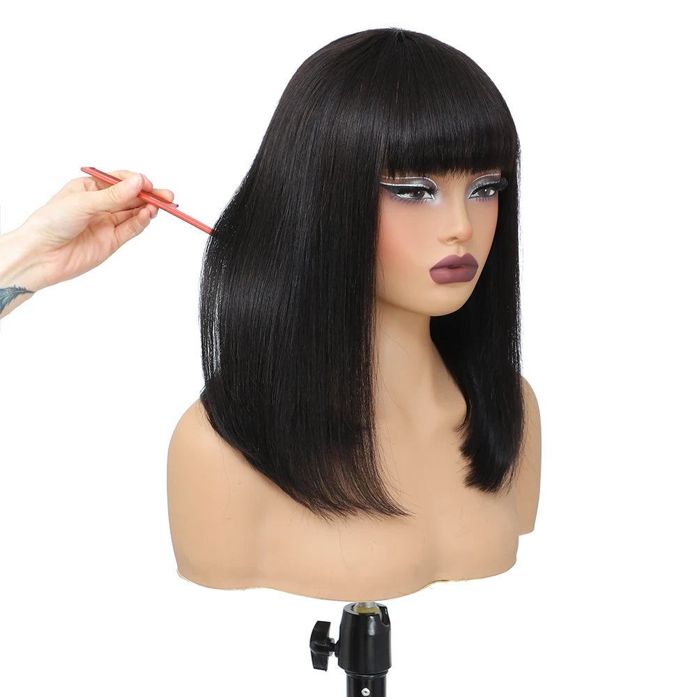Short Black Human Hair Bob Wigs With Bangs Light Yaki Straight Realistic Scalp Glueless Non Lace Wig For Women Blunt Cut Bob Wig