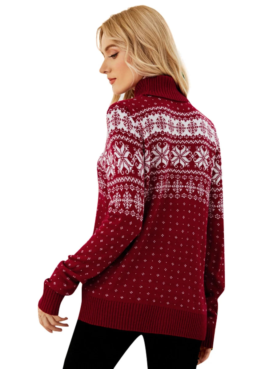 HiriginCN Womens Christmas Snowflake Knitted Sweater Long Sleeve High Neck Pullover Knitwear