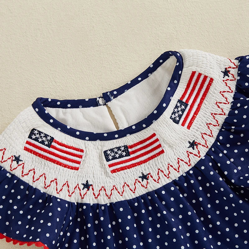 Girls American Flag Embroidered Dress with Polka Dot and Plaid Print Short Sleeve Toddler Dress for Patriotic Events and Cute