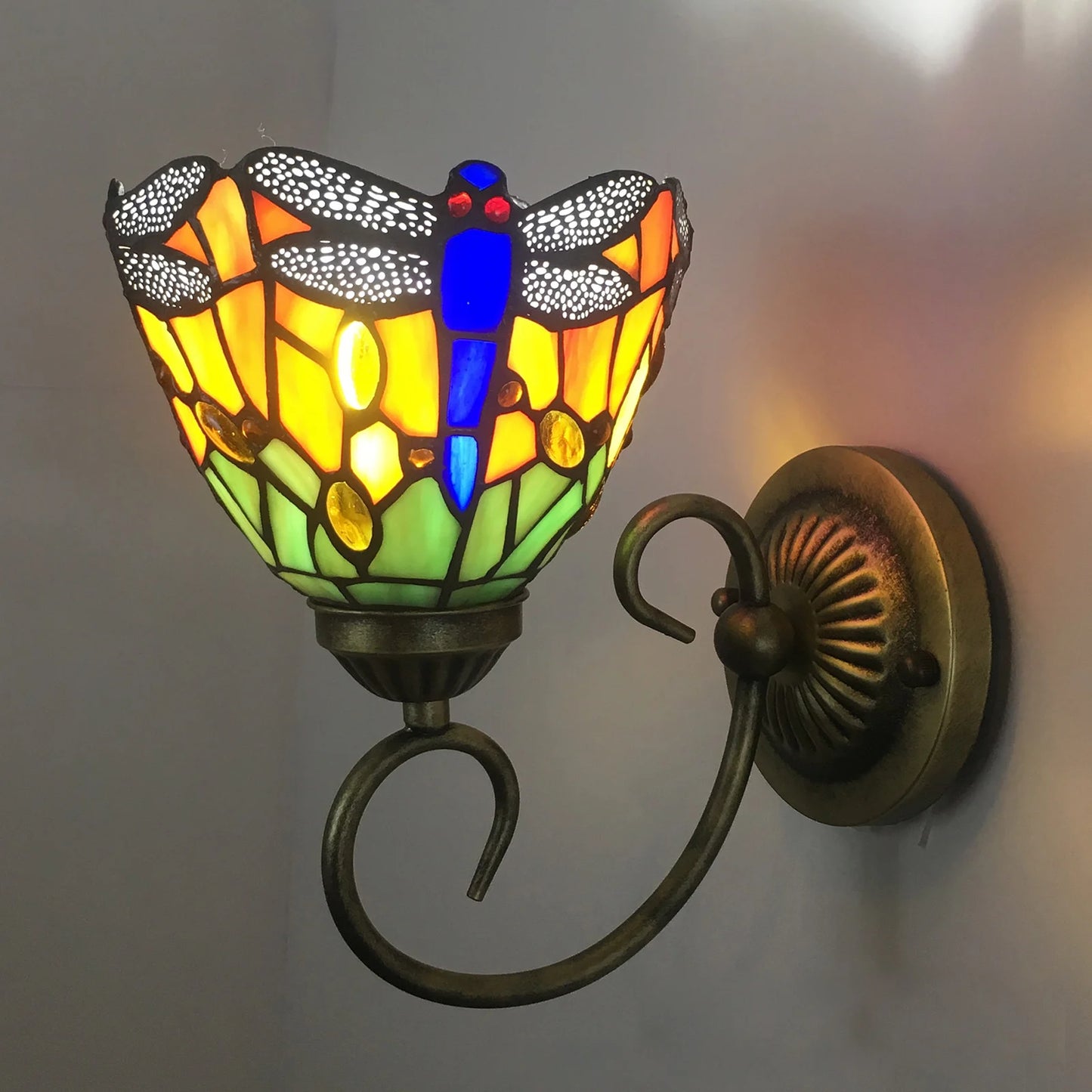 Stained Glass Wall Light Dragonfly E27 Iron Sconce Classic