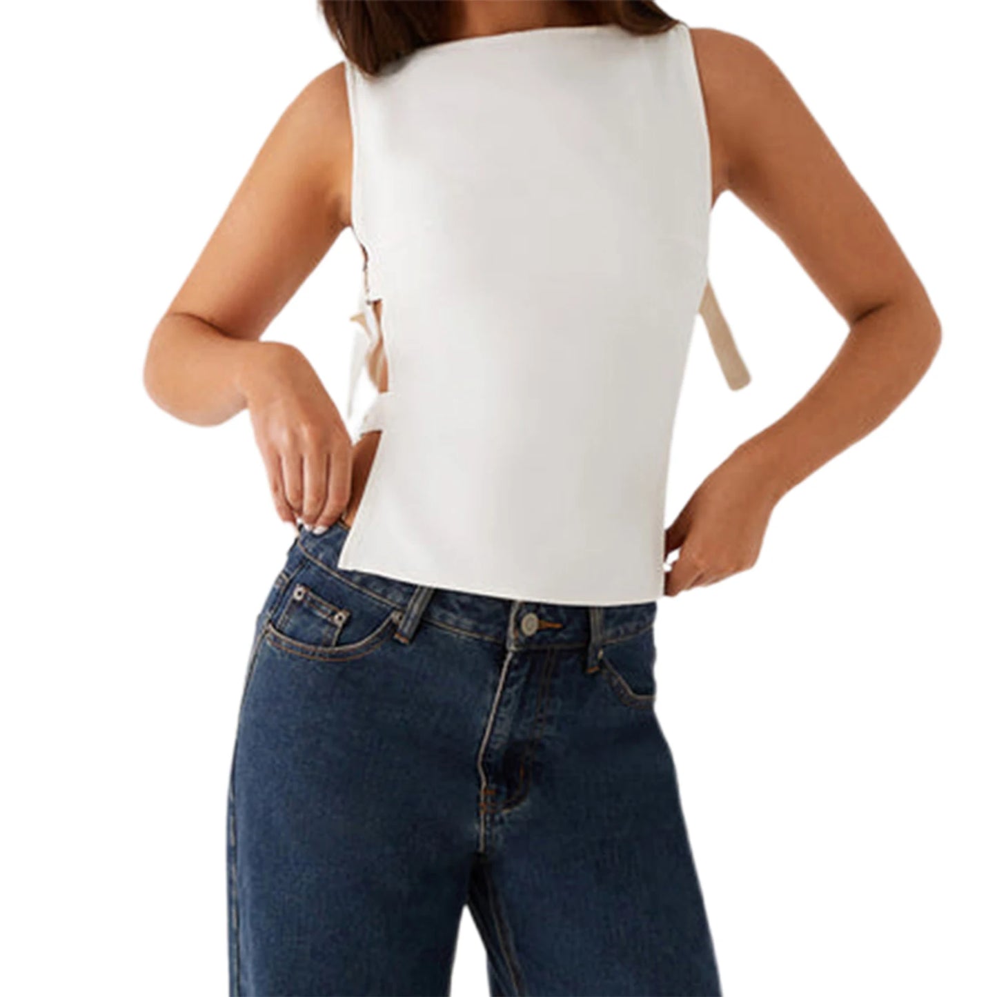 Hirigin Women Sleeveless Boat Neck Tank Top With Side Buckle