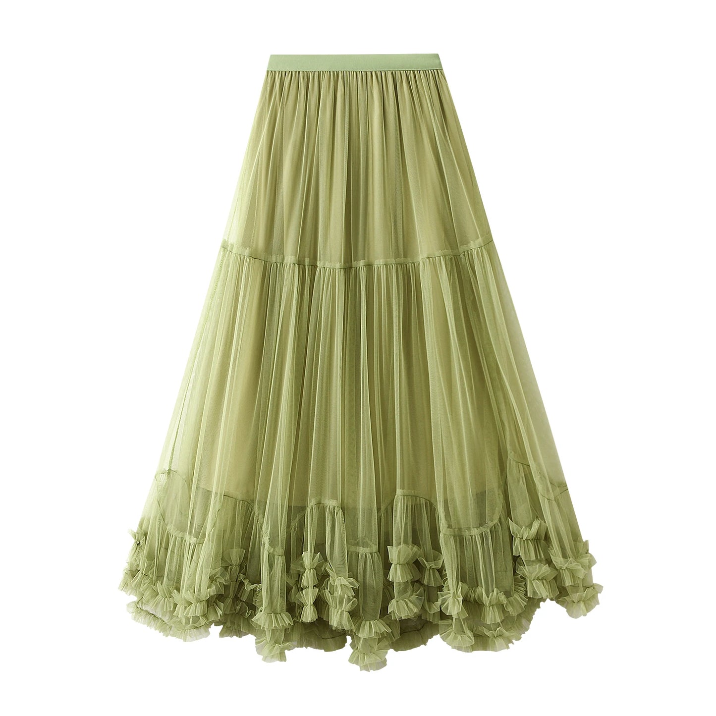 Women’s Tulle Long Skirts Elastic High Waist Ruffle Hem Tutu Skirts Fluffy A-line Midi Skirts