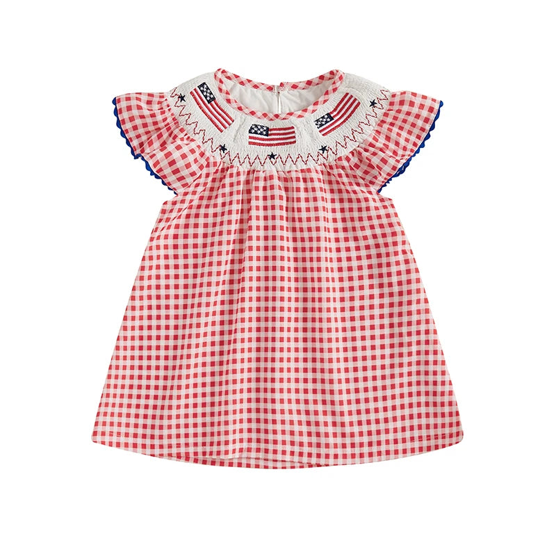 Girls American Flag Embroidered Dress with Polka Dot and Plaid Print Short Sleeve Toddler Dress for Patriotic Events and Cute