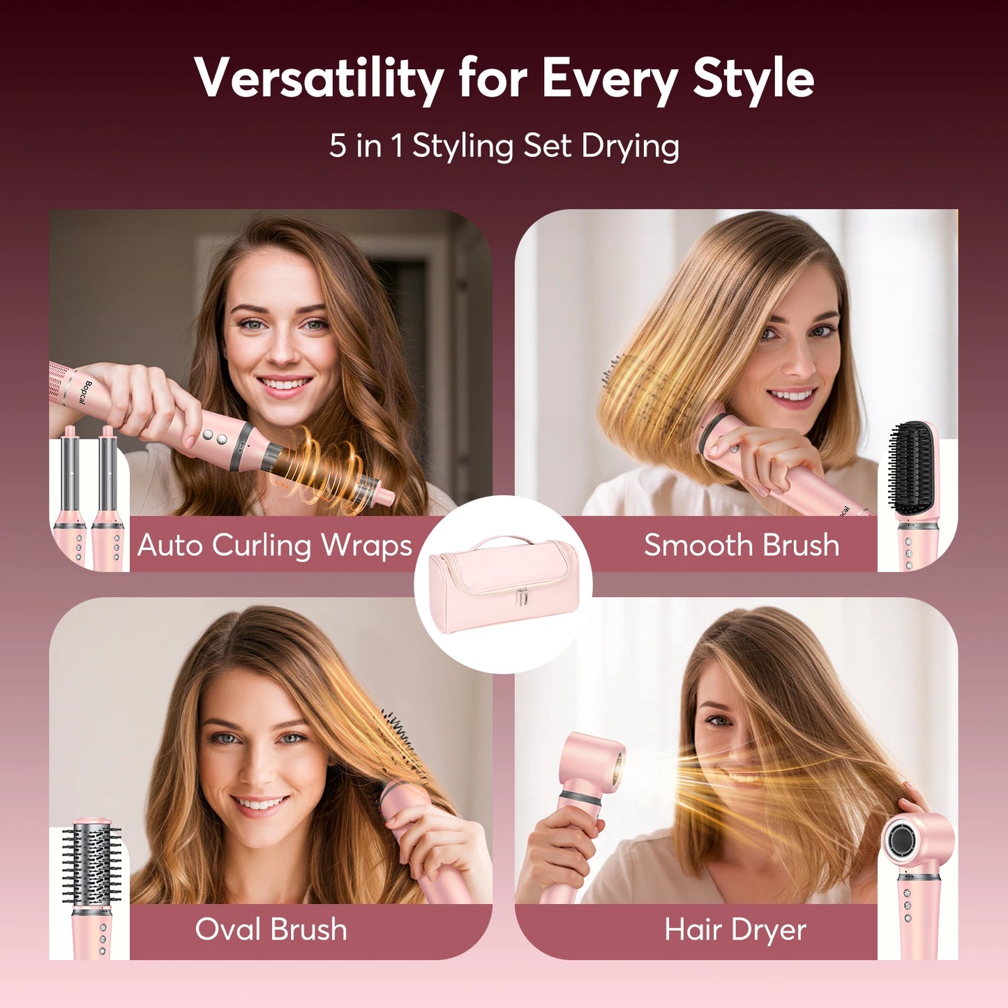 5 in 1 Hair Styler with Travel Bag Air Wrap 1200W Hair Dryer Straightening & Blow Dryer Brush for Multiple Styling Home Hotel