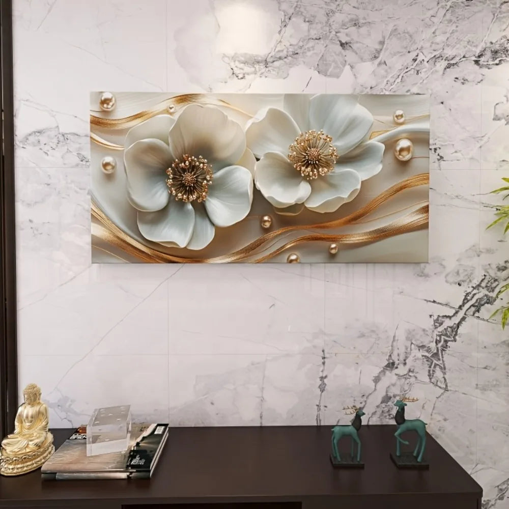 Modern abstract white floral canvas wall art with gold embellishments - elegant interior with 1.5 inch thick pine frame