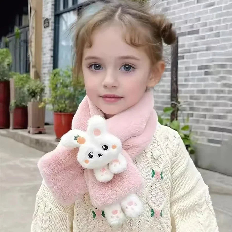 Cute Cartoon Rabbit Design Girls' Winter Warm Thick Plush Scarf with Faux Fur Protection
