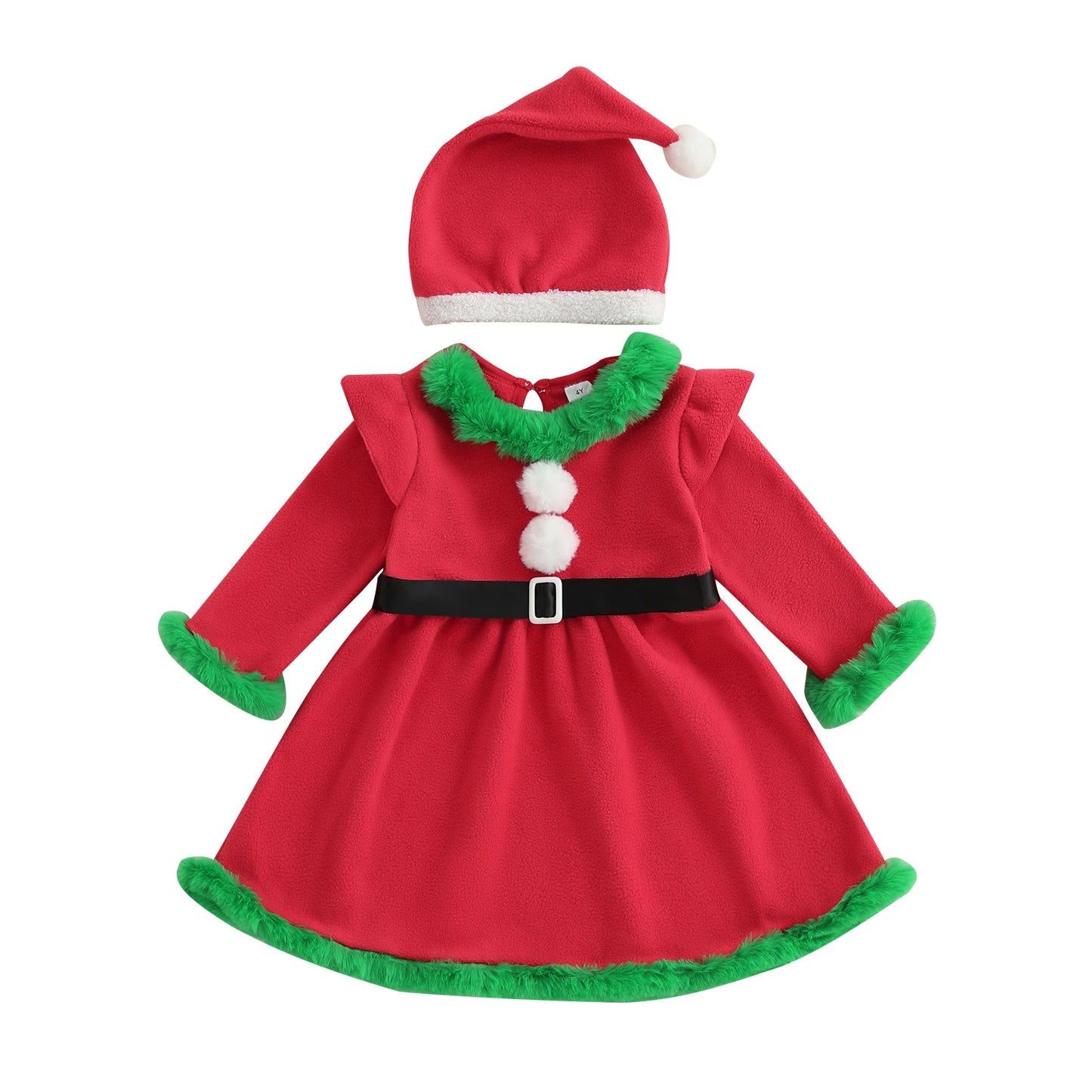 Christmas Girls A-line Dress with Flutter Sleeves Round Neck Belted Waist and Santa Hat - Festive Princess Dress for the