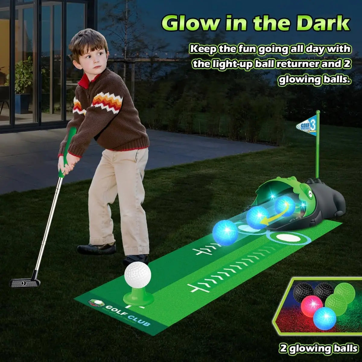 Kids Toy Golf Set Auto Returner Night Light Golf Balls Mat Toddler Mini Golf Game Indoor Outdoor Sports Toys Boys Christmas Gift