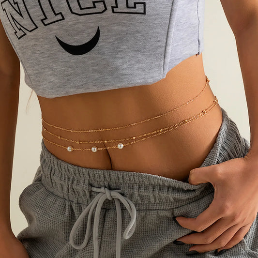 Imitation Pearl Beaded Belly Chain Metal Body Chain