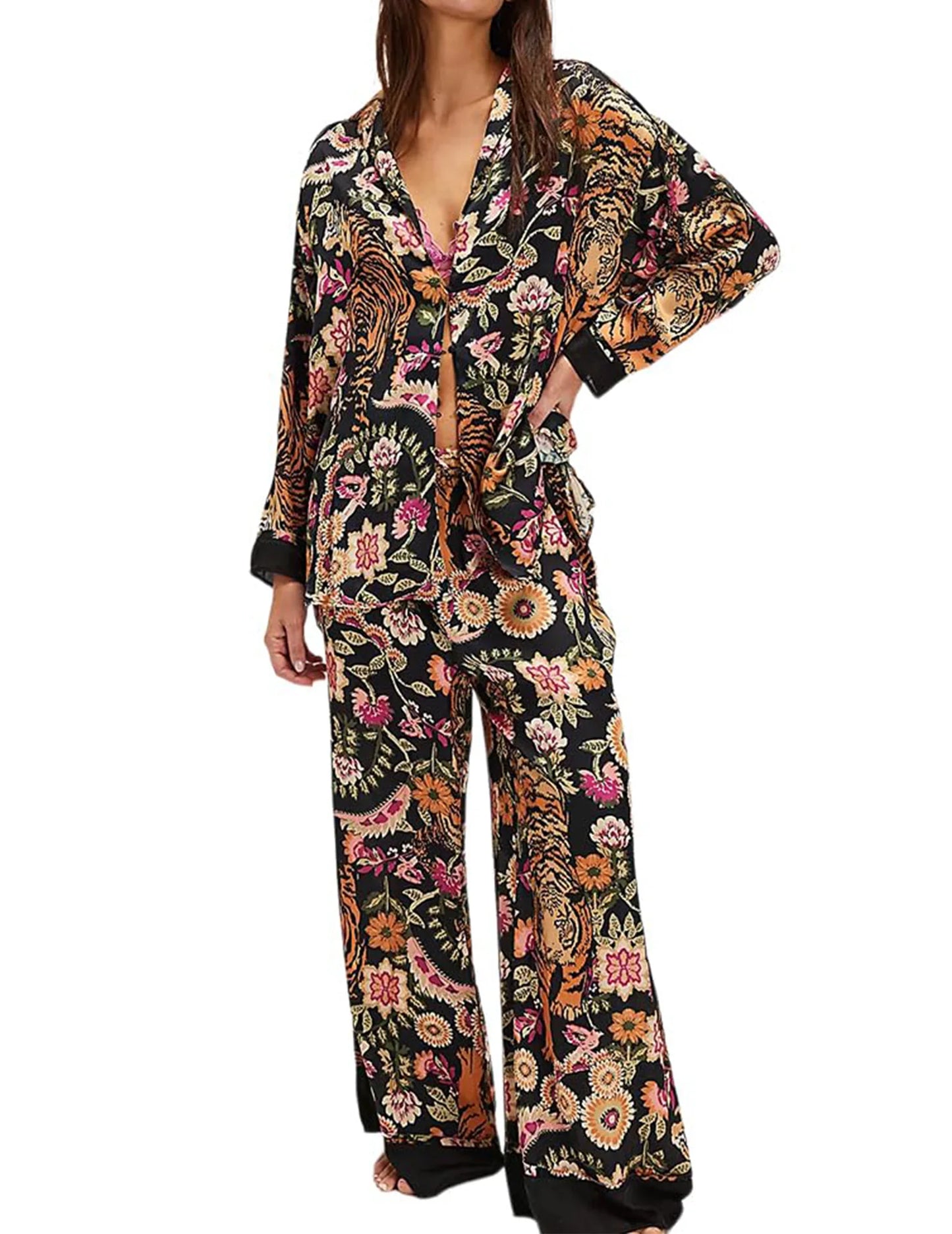 Satin Pajama Set 2 Piece Button Down Loungewear For Women
