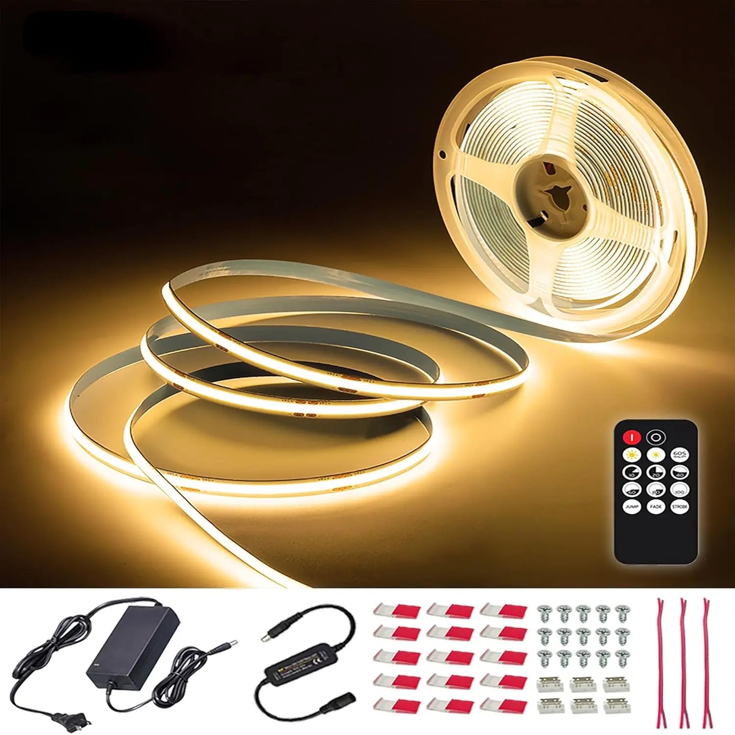ETL Listed 24V 50ft/15m COB LED Strip Light 3000K/4000K/6500K Dimmable with RF Remote for Bedroom Cabinet(Power Supply Included)