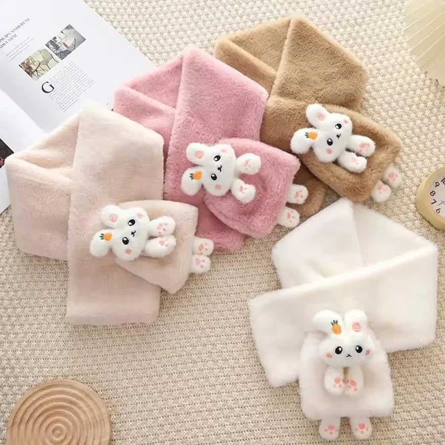 Cute Cartoon Rabbit Design Girls' Winter Warm Thick Plush Scarf with Faux Fur Protection