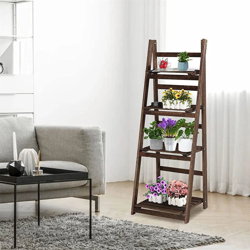 Folding 4 Tier Ladder Shelf Wood Storage Rack for Indoor Plants
