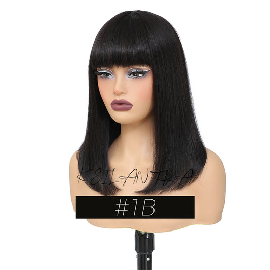 Short Black Human Hair Bob Wigs With Bangs Light Yaki Straight Realistic Scalp Glueless Non Lace Wig For Women Blunt Cut Bob Wig