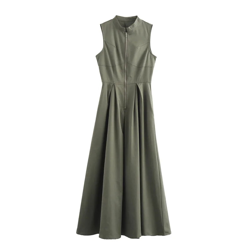 MUJERCN Zipper Long Pleated Sleeveless Midi Dress For Women