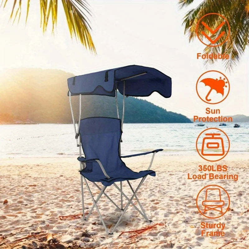 Fold Camping Chair With Canopy Sun Shade And Cup Holder