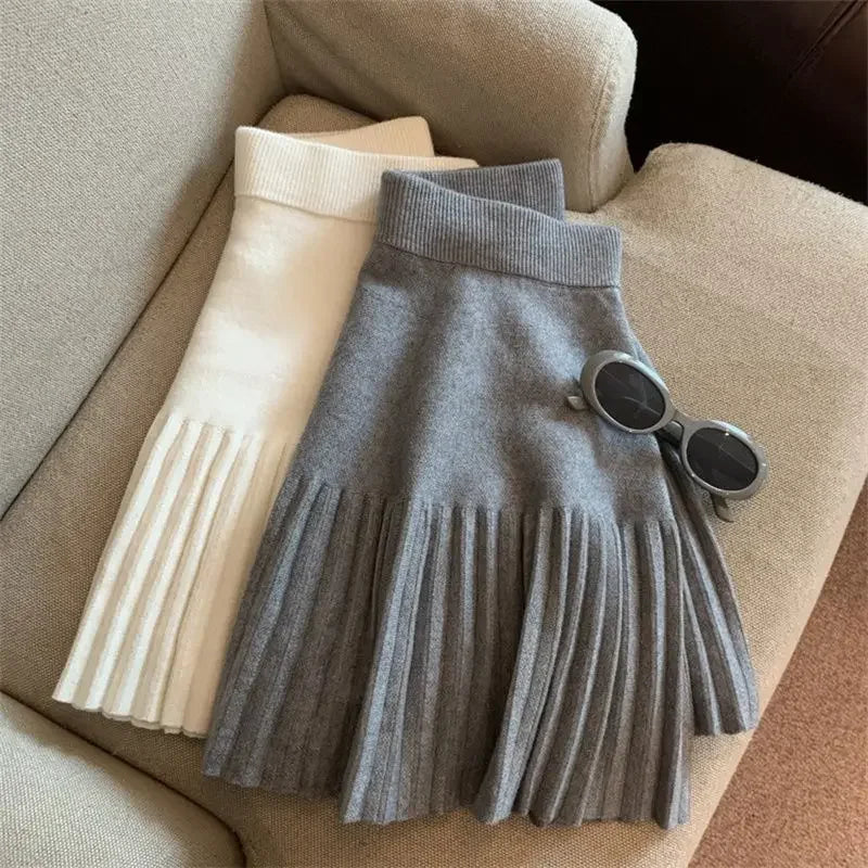 Pleated Mini Skirts Korean Sweet Knitted Skirts Sweet Elastic Waist Ladies Casual Youthful For Women's Clothes Solid Fashion New