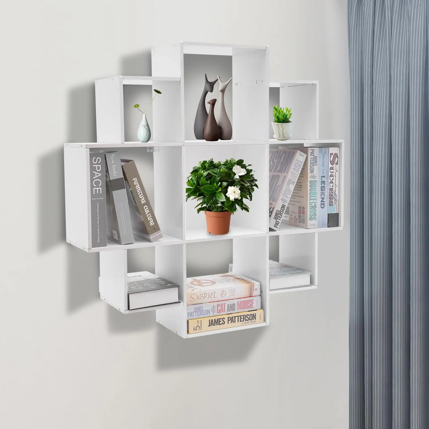 Hign-concerned Wall Mounted Bookcase 3-Tier Floating Shelf With 9 Compartments