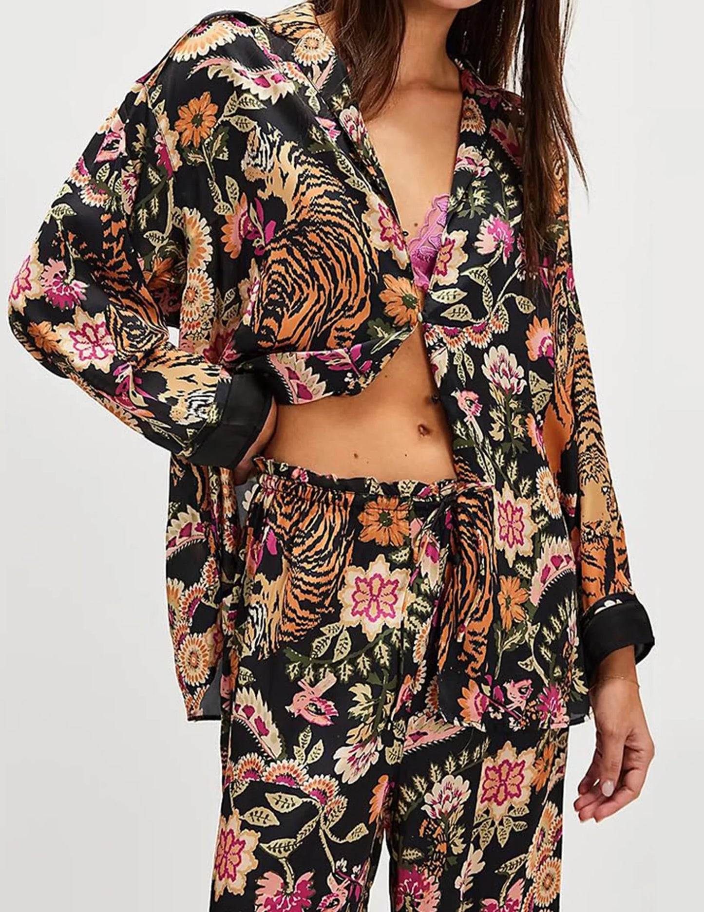 Satin Pajama Set 2 Piece Button Down Loungewear For Women