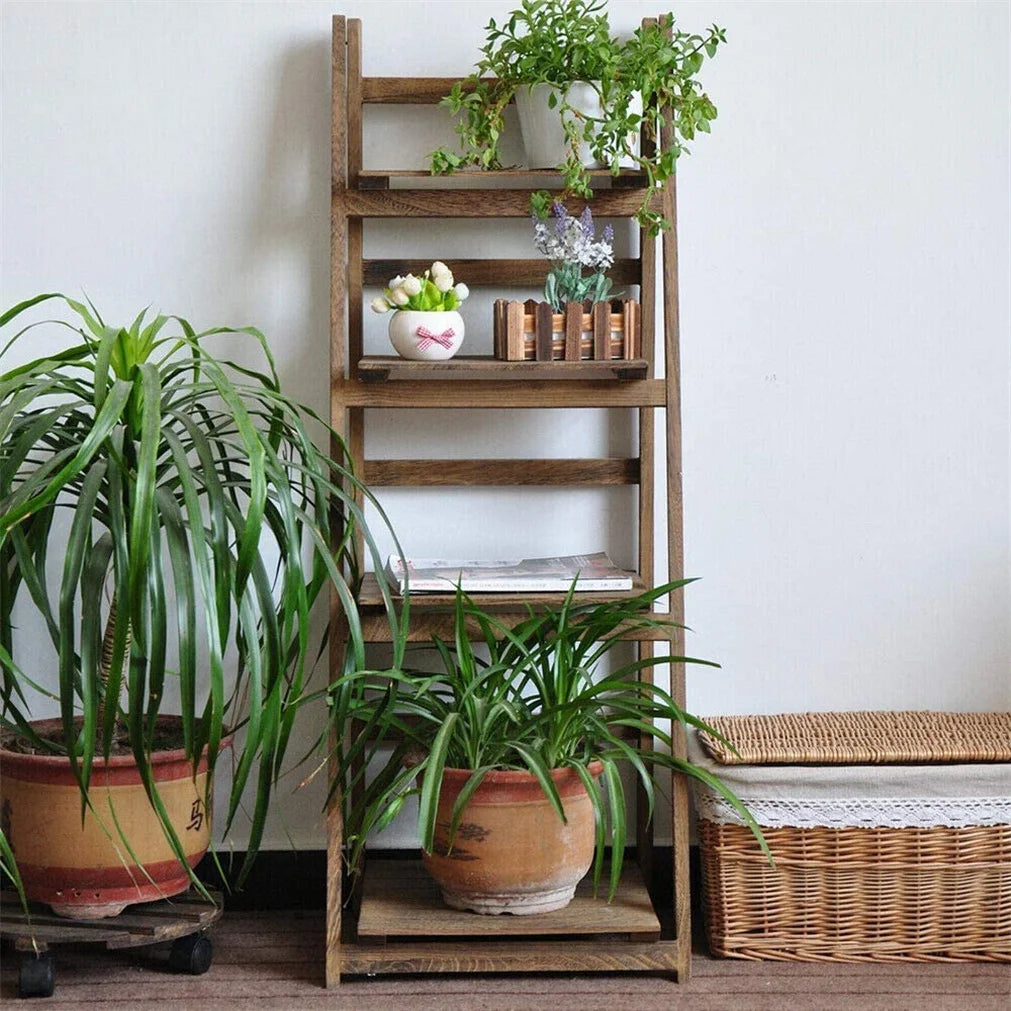 Folding 4 Tier Ladder Shelf Wood Storage Rack for Indoor Plants