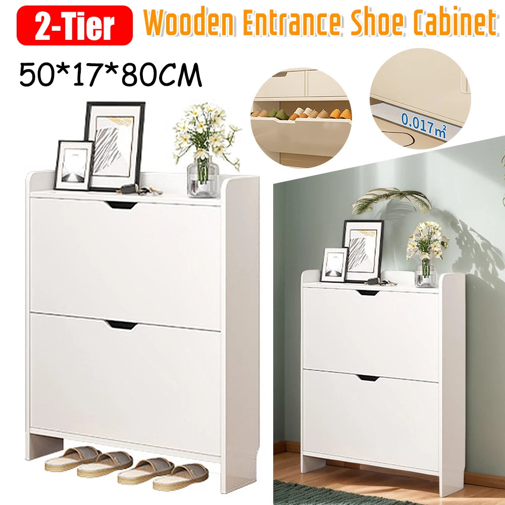 2-Tier Wooden Shoe Cabinet With Flip Drawers For Narrow Entryway