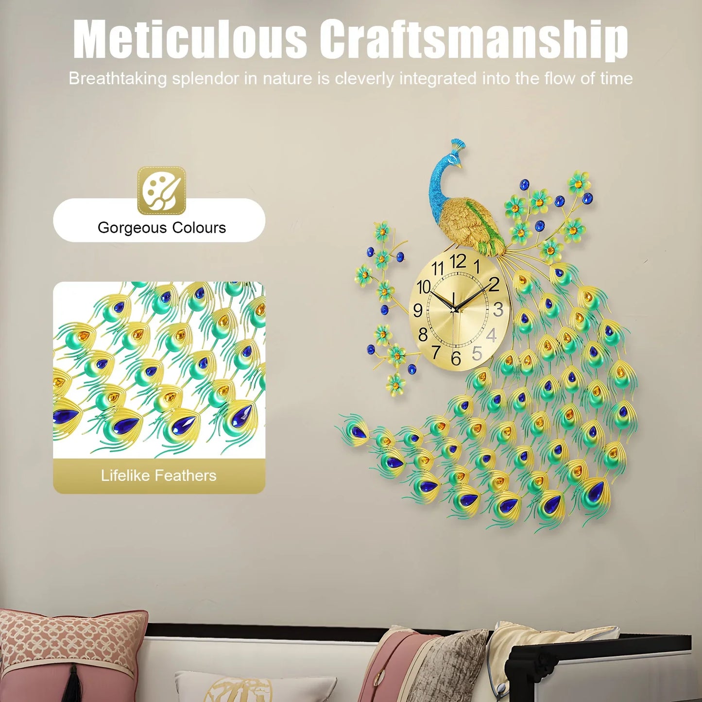 European Peacock Wall Clock - Elegant & Modern Decorative Silent Quartz Clock for Living Room & Office - Brings Luck & Harmony