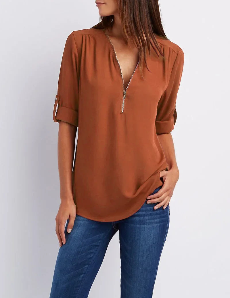 2025 Hot Sale Women Cool Loose Shirt Deep V Neck Chiffon Fashion Blouse Casual Ladies Tops Sexy Zipper Pullover Plus Size